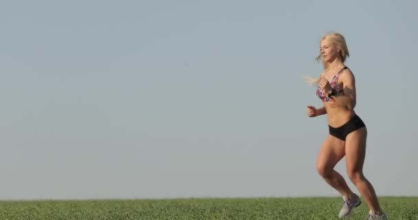 Sportovní mladá žena s krásnou štíhlou postavu dělá run up venku ve slunečném letním dni, atletická fena oblečená ve sportovní podprsenka běh v parku, okouzlující dívka na fitness trénink venku. — Stock video