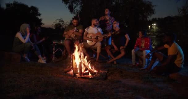 若い人たちの会社はたき火の周りに座って歌を歌っている。音楽を演奏し、自然の中でたき火を楽しむ幸せな国際的な友人. — ストック動画