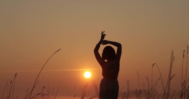 Junge Frau Silhouette tanzen im Freien an einem Sonnenuntergang, während die Sonne hell hinter ihr am Horizont scheint. Zeitlupe. — Stockvideo
