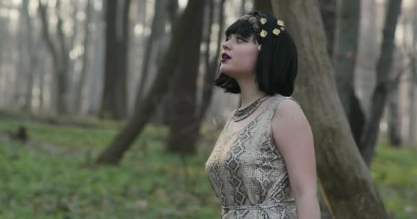 Vonzó lány Kleopátra sétál az erdőben. A lánynak rövid sötét haja van arany ékszerekkel, expresszív sminkkel és kígyó mintás ruhával. — Stock videók
