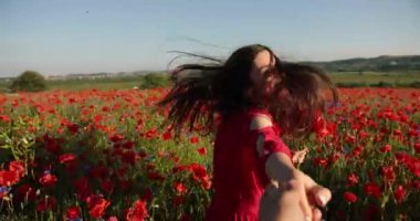 Elinde bir buket haşhaş olan kırmızı benekli elbiseli esmer bir kadının videosu. Çekici bayan, haşhaş tarlasında birinin elini tutarak yürüyor. 4K video.