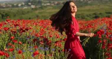 Haşhaş tarlasında daireler çizen ve eğlenen inanılmaz esmer kadın. Elinde bir buket haşhaş olan kırmızı benekli elbiseli hoş bir bayan. 4K video.