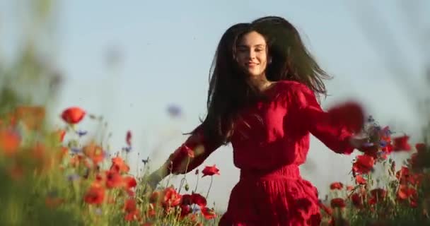 从下面拍摄了一个令人难以置信的黑发女人在罂粟地里打转，玩得很开心。迷人的女士穿着红色波尔卡圆点裙，手里拿着一束罂粟。阳光灿烂的日子。4K视频. — 图库视频影像