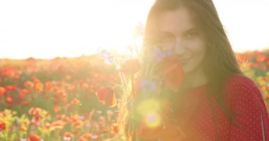 Elinde çiçeklerle kırmızı bir çiçek tarlasında güzel bir kadın. Çekici gülüşü olan genç ve güzel bir kadının tarlada elinde çiçekler var. Portre görüntüsü. 4K.