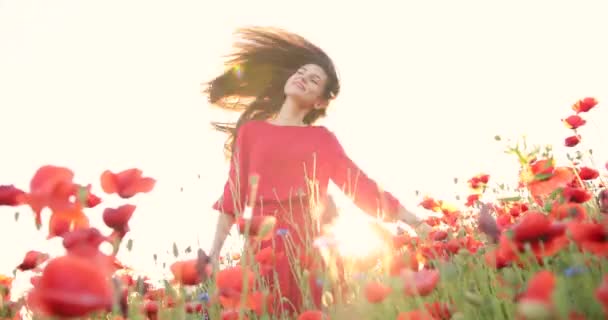 Mujer bonita ondea su cabello de lado a lado en un campo rojo de flores. Joven hermosa mujer con sonrisa encantadora tiene flores en la mano en el campo. Vista de retrato. 4K. — Vídeos de Stock