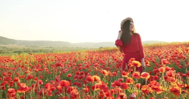 Bella donna si trova in un campo rosso di fiori. Giovane bella donna con un sorriso affascinante. Vista sul ritratto. 4K. Bellissimo paesaggio — Video Stock