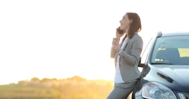 Mujer bonita sonriente embarazada en pie cerca de coche en el campo verde, la hora de la puesta del sol. atractiva mujer joven con el pelo rojo. — Vídeos de Stock