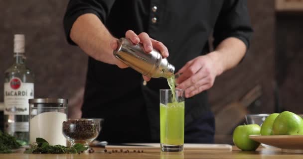 The bartender makes a cocktail. the barmen pours a green cocktail into a glass of ice and adds a bay leaf — Stock Video