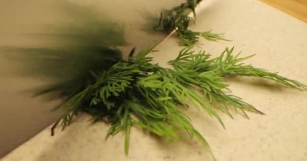 Close-up a very large knife crushes the dill. — Stock Video