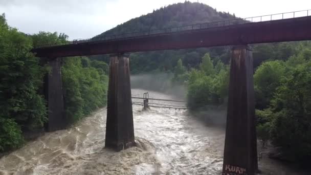 Le drone vole sous le pont au-dessus d'une rivière de montagne boueuse avec un fort courant après des pluies prolongées dans les Carpates. Inondation en Ukraine. Danger — Video