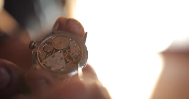 Macro primer plano de un reparador relojero profesional trabajando en un motor de engranajes de reloj de mecanismo de lujo en un taller — Vídeos de Stock