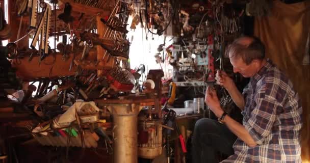 Muchas herramientas viejas diferentes que cuelgan en una pared del granero. muchas herramientas en el taller. El maestro trabaja en el taller. — Vídeo de stock