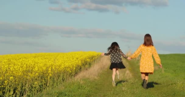 Mutlu aile kavramı. Anne ve bebek el ele tutuşup akşam vakti güzel günbatımı ışınları altında tarlada yürüyorlar. Siyah elbiseli küçük kız sarı elbiseli annesiyle yolda yürüyor. seyahat. — Stok video