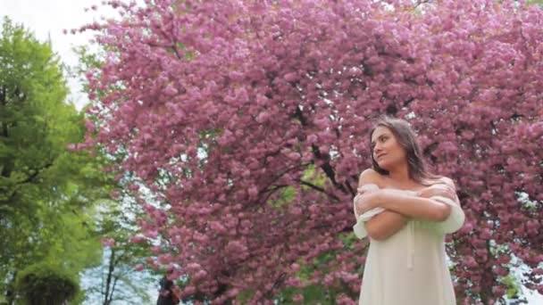 桜の花の背景に女性の春の美しさの肖像画。桜公園に立つ若いスタイリッシュなブルネットの女の子とピンクの美しさを楽しむ — ストック動画