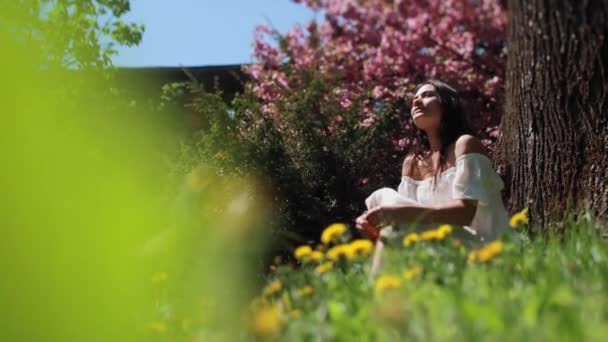 Vakker ung kvinne i hvit kjole som sitter i en vakker hage under et stort tre. – stockvideo