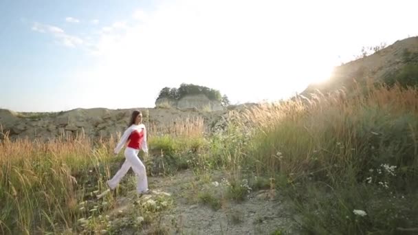 Wanita muda yang menarik dengan pakaian bergaya berjalan di atas latar belakang alam yang indah. — Stok Video