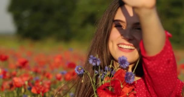 Κομμάτι Γοητευτικής Χαμογελαστής Γυναίκας Τυφλωμένης Από Τον Ήλιο Και Πρόσωπό — Αρχείο Βίντεο