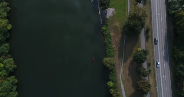 Top View Flying Copter Kayaking Man Nacker Heilbronn Germany Footage — Stock videók