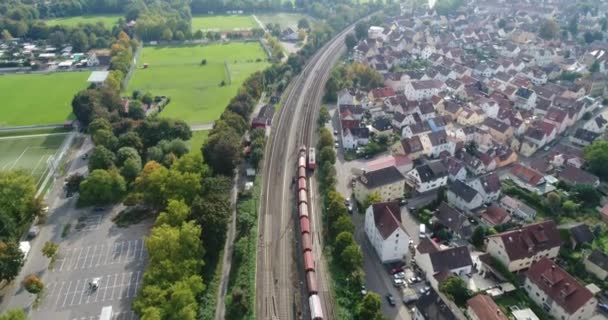 Aerial Copter Flight Train Moving Railways Heilbronn Surrounded Green Fields — Vídeos de Stock