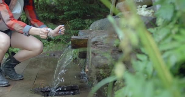 Young Beautiful Hipster Woman Taking Clean Water Her Palms Forest — Wideo stockowe