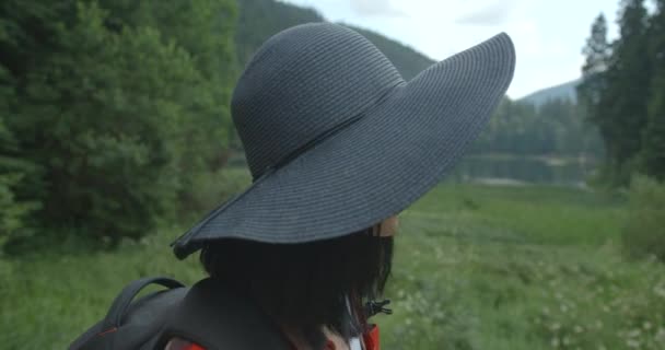 Portrait Young Attractive Brunette Tourist Girl Black Hat Backpack Hiking — Stok Video