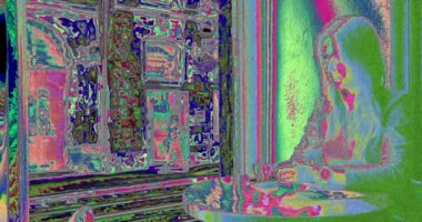 Extreme noise and digital glitch. Abstract Colourful Noise Glitch. Woman is drinking coffee in the cafe near the window. 4k footage