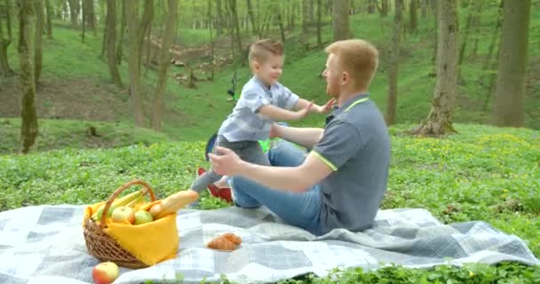 Lovely Little Son Running Father Hugging Him Picnic Green Forest — 图库视频影像