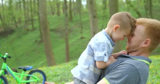 Lovely Family Portrait Son Hugging His Father Forest Handsome Man — Vídeo de Stock