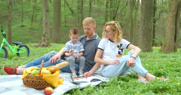 Beautiful Cheerful Family Reading Book Picnic Green Forest Little Son — 비디오