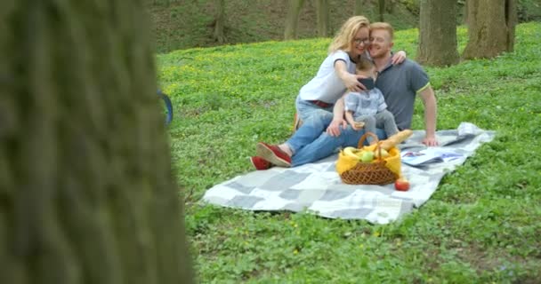 Happy Beautiful Family Son Taking Selfie Mobile Phone Picnic Green — Stock Video