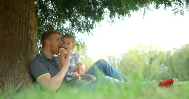 Cheerful Father Eating One Ice Cream His Smiling Little Cute — Vídeos de Stock