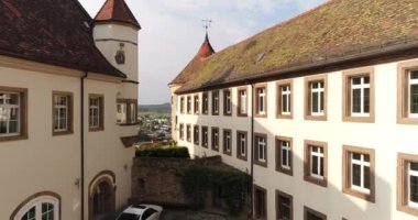 Flying copter over old historic Stettenfels Castle. Panorama view of the beautiful sunny Weinsberg, Heilbronn district in Germany. 4k footage