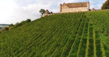 Beautiful view of the greeny vineyards and panorama of sunny rustic town Weinsberg in Heilbronn district, Germany. 4k footage