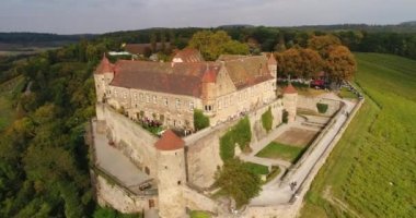 Circling around famous historic Stettenfels Castle surrounded by vineyards and forests on the hill. Weinsberg, Heilbronn district in Germany