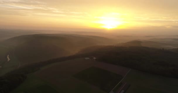 Aerial Flight Copter Beautyful Foggy Fields Mountains Bright Sunset Heilbronn — Vídeos de Stock