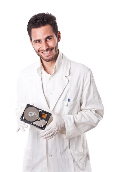 Smiling Technician holding hard disk — Stock Photo, Image