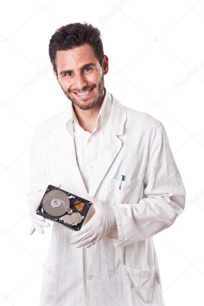 Smiling Technician holding hard disk