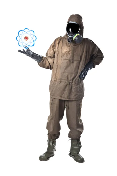 Man in Hazard Suit holding an atom — Stock Photo, Image