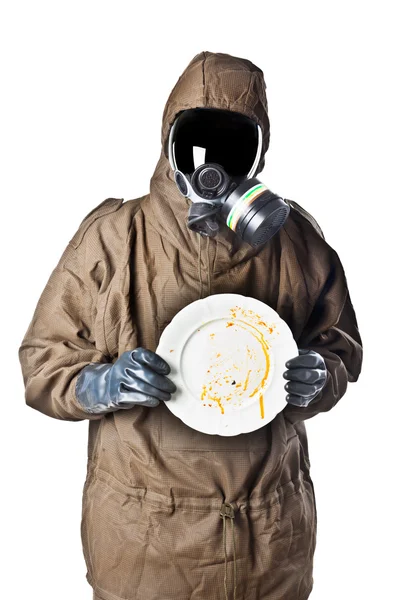 Man in Hazard Suit holding a dirty dish — Stock Photo, Image