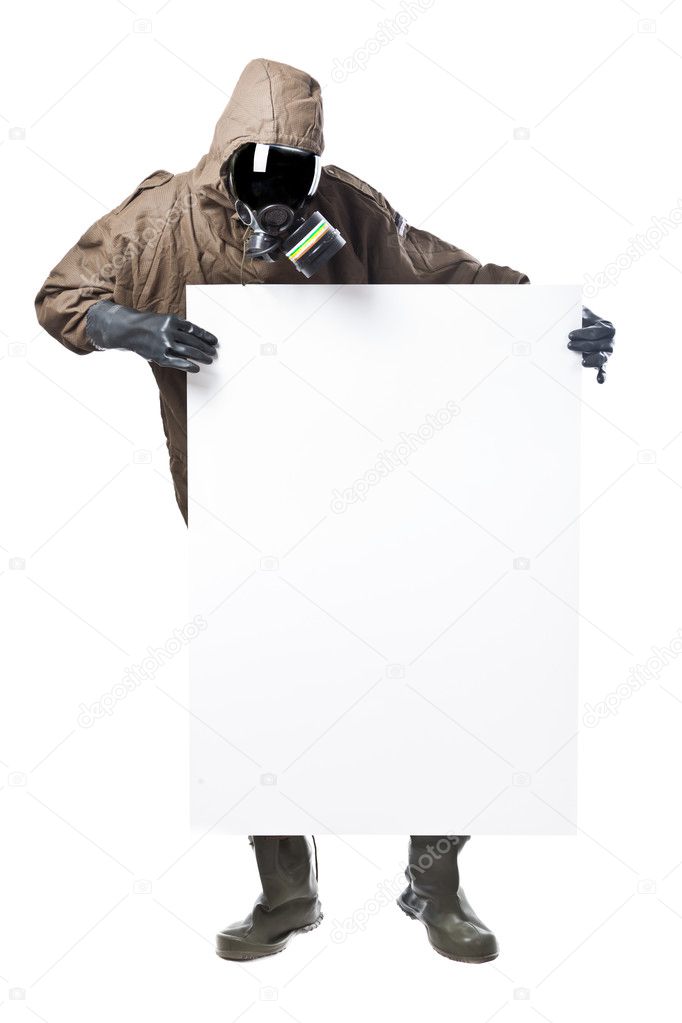 Man in Hazard Suit holding a billboard and looking at it