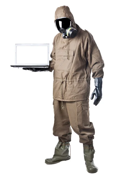 Man in Hazard Suit showing a laptop — Stock Photo, Image