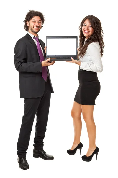 Sorrindo com um laptop — Fotografia de Stock