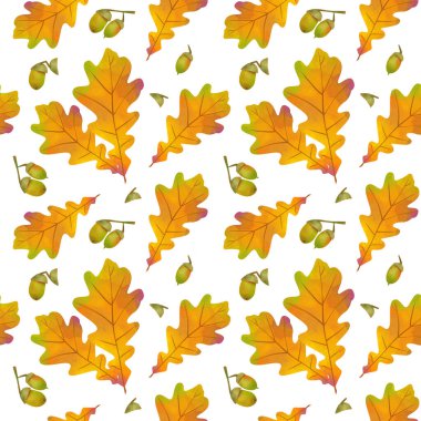 Beyaz arka planda sarı meşe yapraklarının kusursuz deseni. Sonbahar arkaplanı.