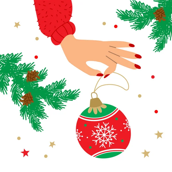Illustrazione Vettoriale Con Mani Palla Festa Della Vigilia Natale Anno — Vettoriale Stock