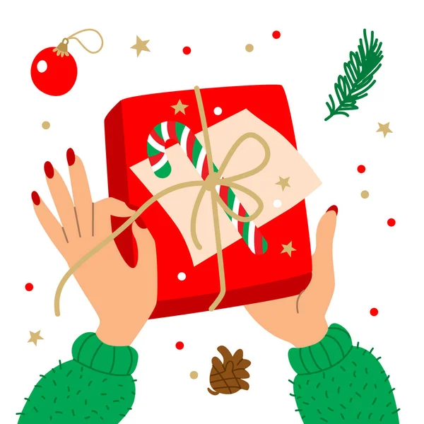 Εικονογράφηση Διάνυσμα Χέρια Και Δώρο Περιτύλιγμα Κουτί Δώρου Χριστουγέννων Προετοιμασία — Διανυσματικό Αρχείο
