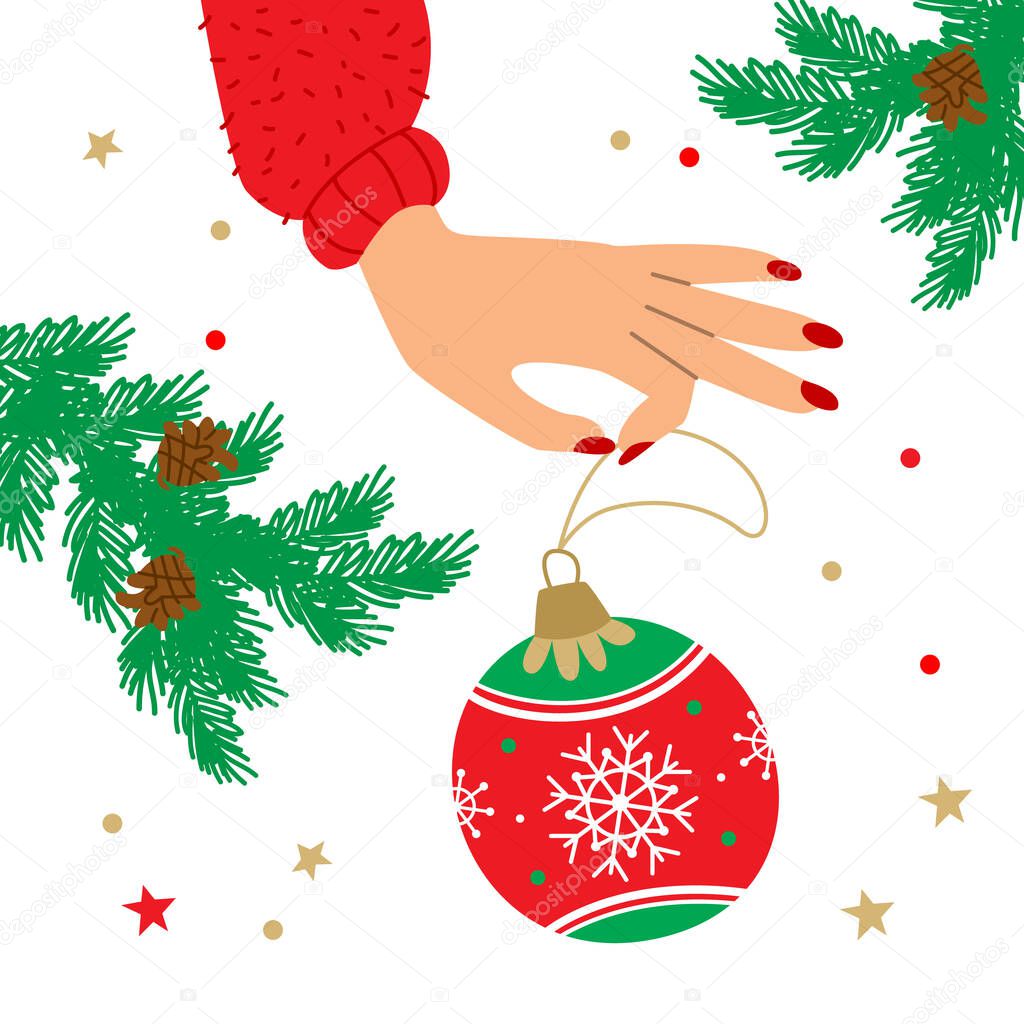 Vector illustration with hands and ball. Celebration christmas eve. New year winter inspiration.