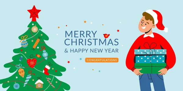 Οριζόντια διάνυσμα πανό με χριστουγεννιάτικο δέντρο και χαρούμενος άνθρωπος. — Διανυσματικό Αρχείο