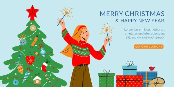 Οριζόντια διάνυσμα πανό με χριστουγεννιάτικο δέντρο και ευτυχισμένη γυναίκα. — Διανυσματικό Αρχείο