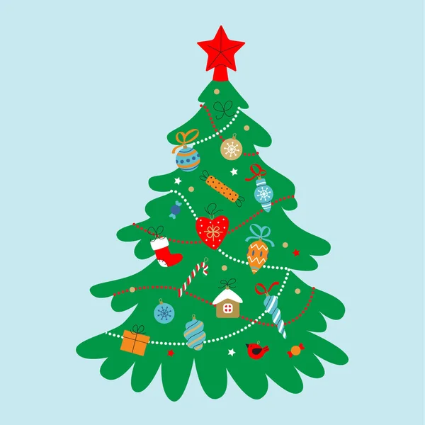 Χριστουγεννιάτικο δέντρο και στολίδια για το νέο έτος. — Διανυσματικό Αρχείο