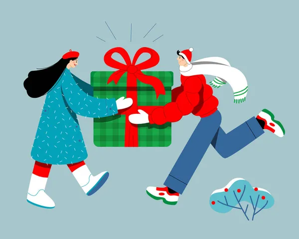 Ludzie prezentują pudełko prezentów. Wektor Boże Narodzenie ilustracja. — Wektor stockowy